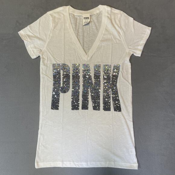 Victoria's Secret Pink Shirt Womens Medium Sequin V Neck Short Sleeve Tee - Picture 1 of 9